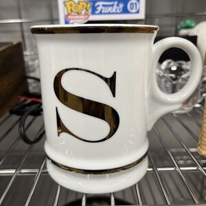 Williams Sonoma Mug Monogram S Letter Gold Initial Shaving 16 oz White Mug